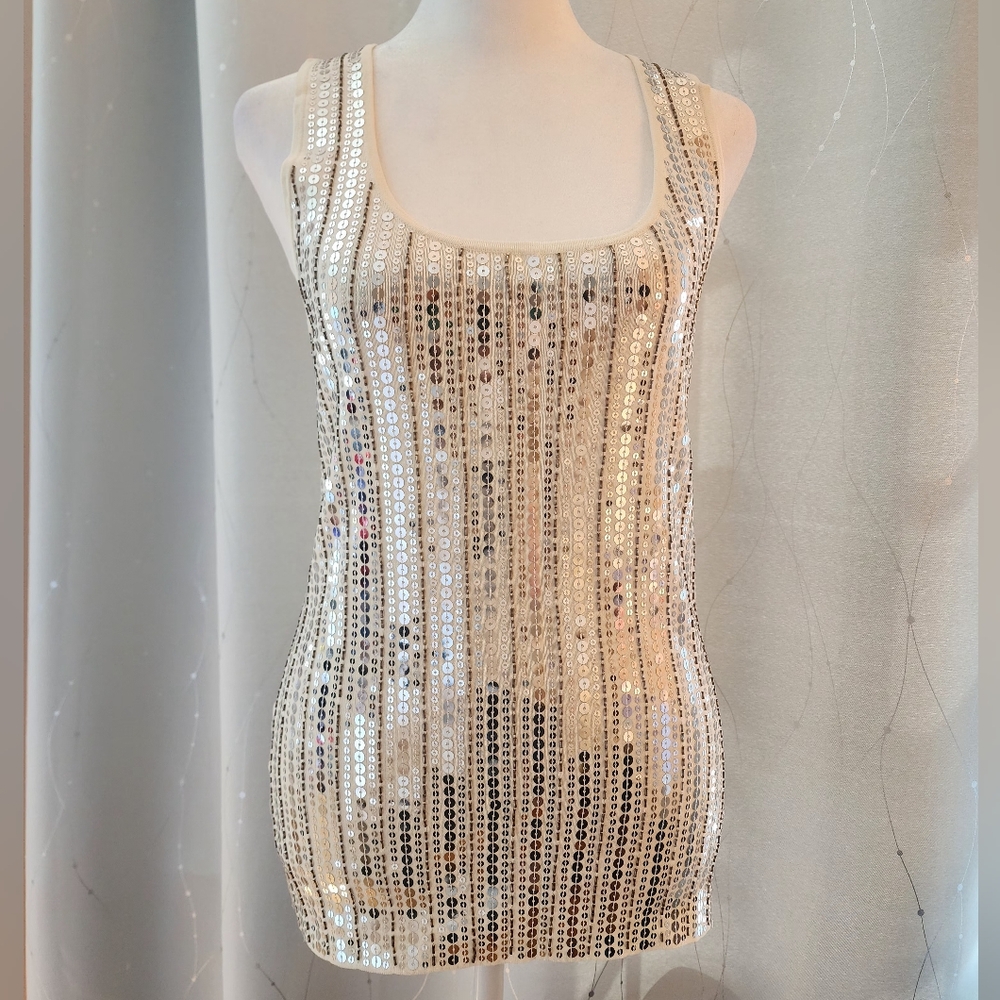 Sequin Tank Top in Silver and Cream